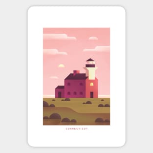 Retro Connecticut Travel Poster Wall Art Print, Sunrise Lighthouse Coastal Artwork for Living Room, New England State Decor Gift Magnet